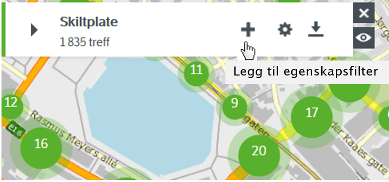 Klikk plusstegnet for å legge til egenskapsfilter. Mouseover er til god hjelp