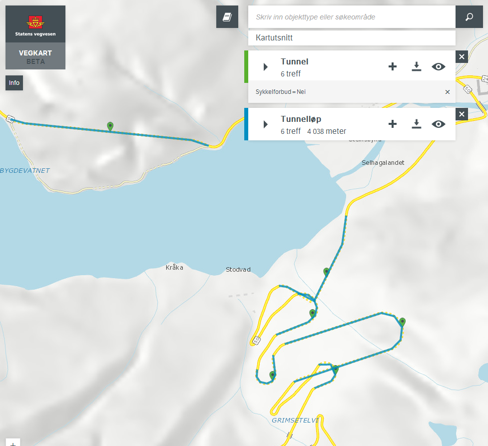 Map screenshot from our web application Vegkart showing cycling is allowed along this part county road 50 in Aurland