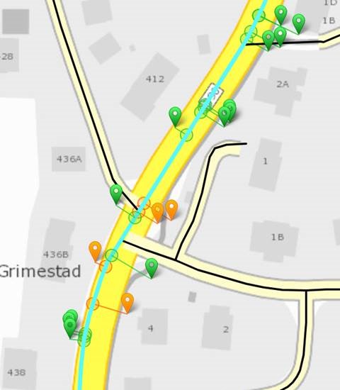 Skjermdump datafangst-verktyøyet, der gangstien mangler. Da blir det litt vanskelig å stedfeste nye belysningspunkt på gangstien