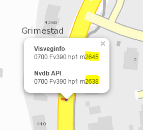 Skjermbilde som viser at Visveginfo har høyere meterverdier enn NVDB api på Fv390, Vestfold
