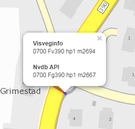 Skjermdump som viser kartløsning der NVDB api tilbyr gangstien som nærmeste vegnett, mens Visveginfo har kun hovedvegen