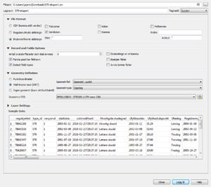 Typiske QGIS-innnstillinger for å lese inn CSV-dump fra Vegkart.