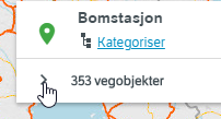 Utvid resultatboksen for søket ditt ved å velge pil høyre, rett før der det står antall vegobjekter. 