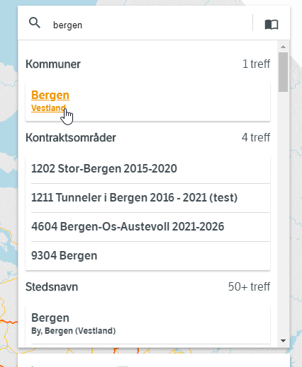 Autofullfør-forslag for "Bergen". Vi får treff både på Bergen kommune, flere kontraktsområder og en haug med stedsnavn. 