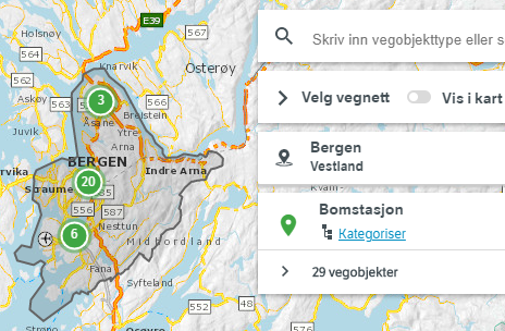 Områdefilter for kommune og fylke vises som grå flate i kartet. 