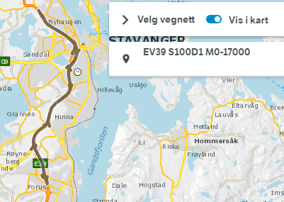 Vegnett filtrert på Ev39s100d1m0-17000 (deler av Stavanger-Sandnes)