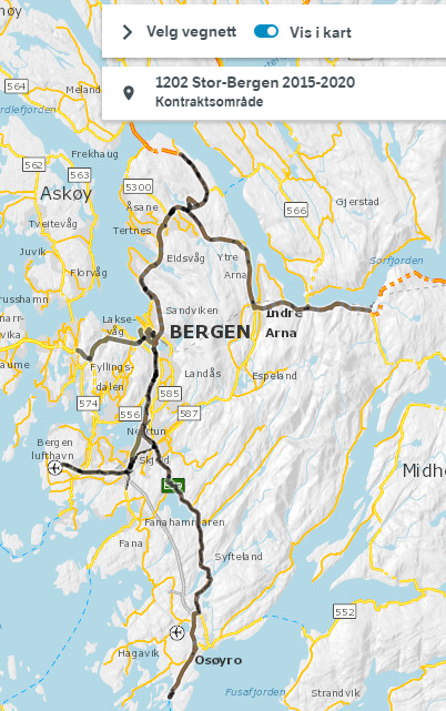 Skjermdump som viser vegkart-søk etter utstrekningen til kontraktsområde 1202 Stor-Bergen 2015-2020