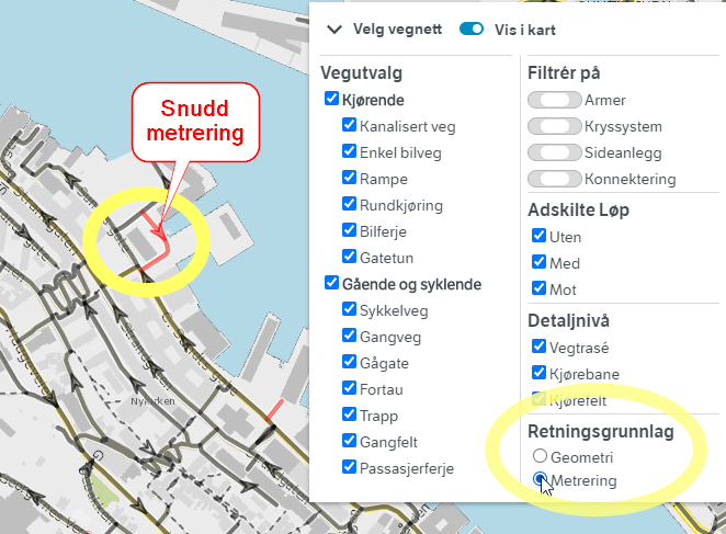 Meny for å velge om vegkart skal fremheve vegnett med snudd metrering med rød farge. Dette gjøres med valget Retningsgrunnlag = Metrering.