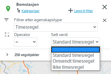 Alternativ for egenskapstypen "Timesregel", som har de tre alternativene "Standard timesregel", "Omvendt timesregel" og "Ikke timesregel"