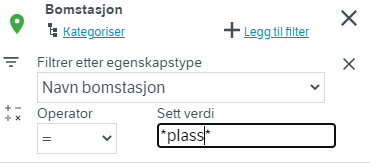 Fritekstsøk på egenskaptype "Navn bomstasjon". Med jokertegn (*), foran, inni eller bak en bestemt frase kan man søke etter navn som inneholder frasen, for eksempel med søketeksten *plass* 