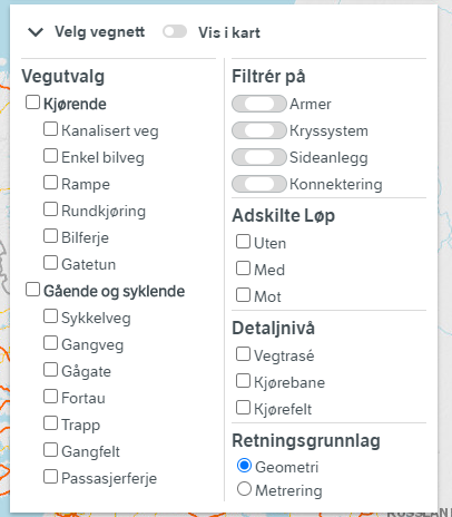 Meny for filtrering på ulike typer vegnett.  