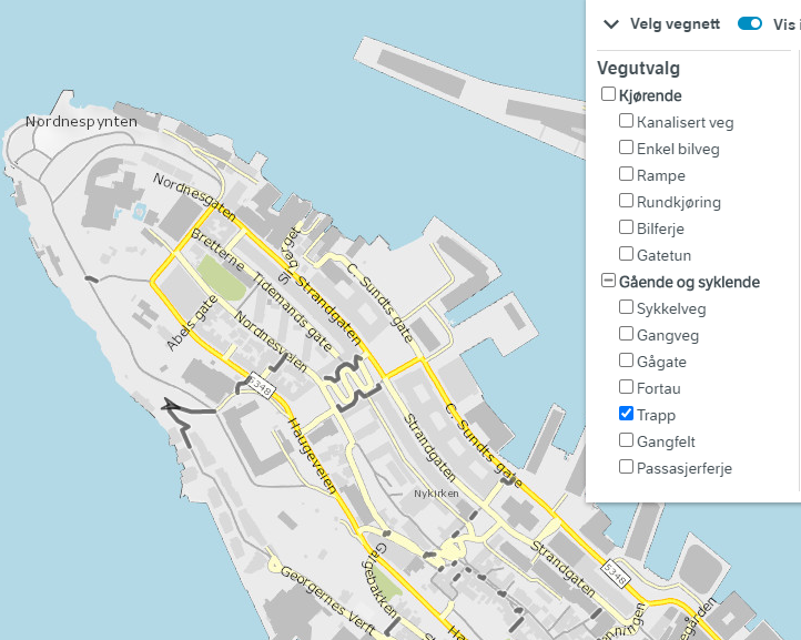 Vis vegnett av typen "trapp" for kartutsnitt Nordnes, Bergen. 