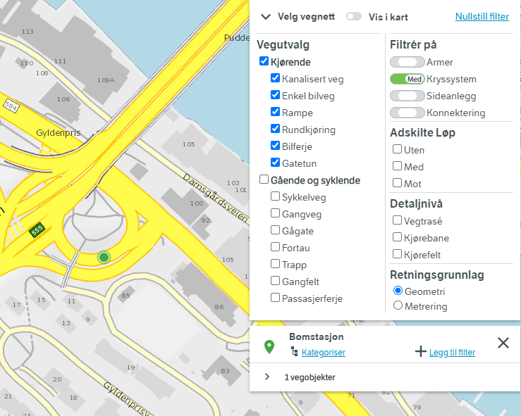 Søk etter bomstasjon filtrert på trafikantgruppe kjørende av type "kryssystem". 