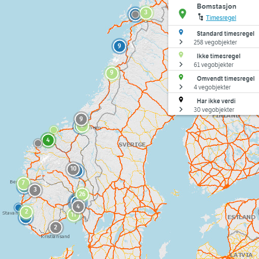 Vegkart-søk etter bomstasjon kategorisert etter egenskapstypen "Timesregel"