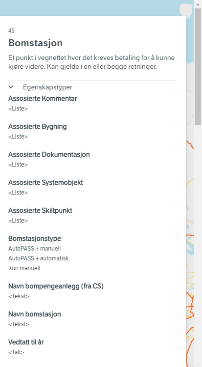 Mulige egenskapverdier for objekttypen Bomstasjon i vegkart's innebygde datakatalogvisning. 