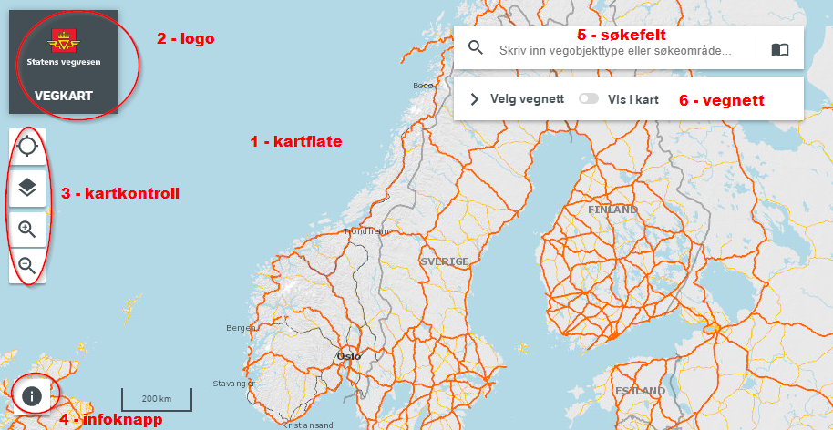 Vegkart sine hovedkomponenter: 1: Kartflate, 2: Logo og hjem-knapp, 3: Kartkontroll, 4: Infoknapp, 5: Søkefelt, 6: Vegnett