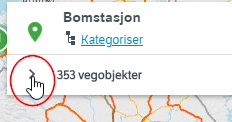 Vegkart resultatboks. Trykk pil høyre > for å utvide resultatboksen med mer detaljer om treff på søket ditt. 