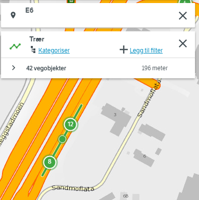 Søk etter objekttype 199 Trær på E6 ved Sandmoen, Trondheim. Pga feil i NVDB api returnerer dette søket objekter uten egengeometri. Trærne er derfor plassert midt på vegens senterlinje og ikke i terrenget