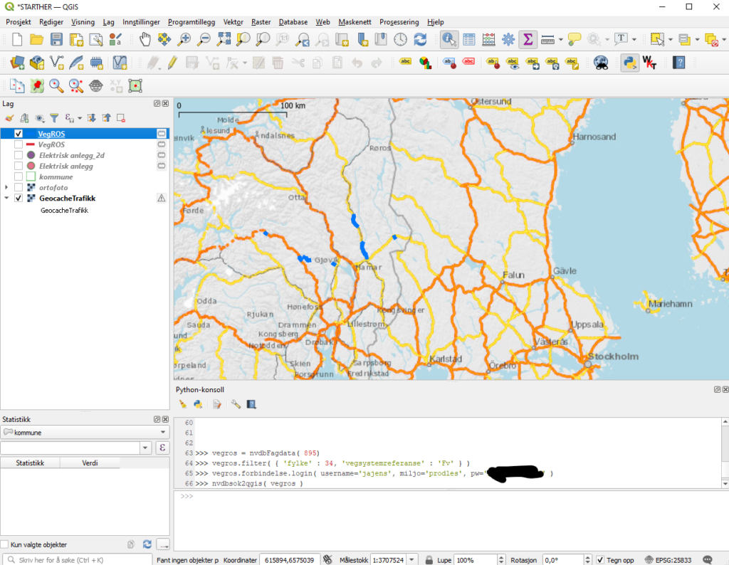 Skjermdump fra QGIS som viser hvordan du leser inn data fra NVDB api LES med et par kjappe kommandoer i python-konsollet